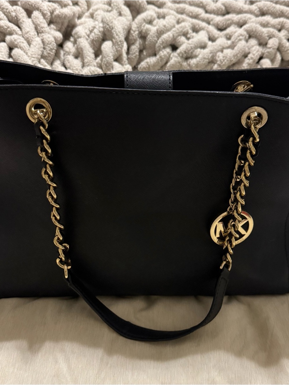 Michael Kors Black Saffiano Tote with Gold Chain-Strap and MK Charm
